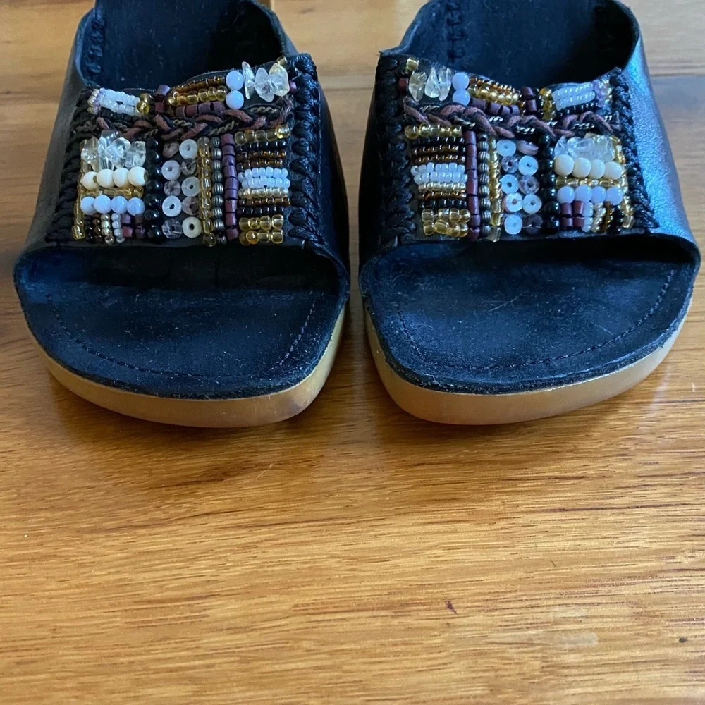 Rylee Leather Beaded Wood Heel Boho Chunky Heel Slides SZ 8.5 in Black - Picture 2 of 10